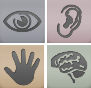 Four icons representing the senses: an eye, an ear, a hand, and a brain for sight, hearing, touch, and mind.