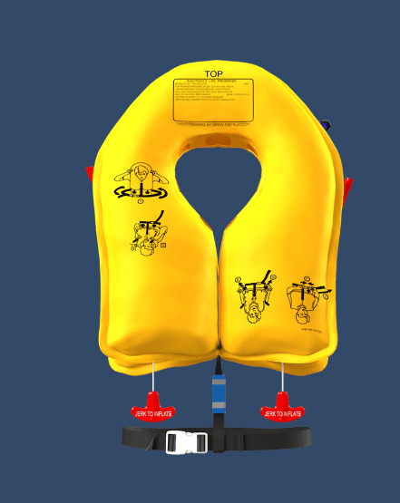 A yellow inflatable life jacket with safety instructions and black straps on a blue background.