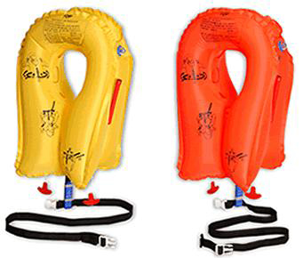 Two inflatable life vests, one yellow and one red, with safety buckles attached.