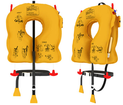 Two yellow child-sized life jackets displayed front and side view.