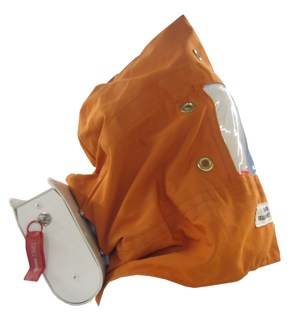 A side view of an orange head cover with a face shield, avox style, and a label "FOR TRAINING USE ONLY"