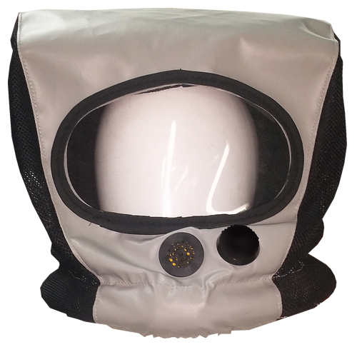 Crew PBE beige and black head cover with clear face shield, Air Liquide Style.