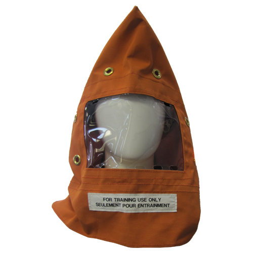 An orange head cover with a face shield, avox style, and a label "FOR TRAINING USE ONLY"