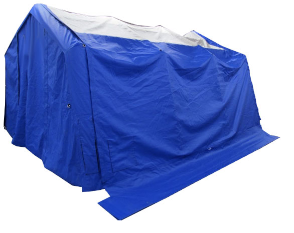 Inflatable shelter covered with a blue tarp.