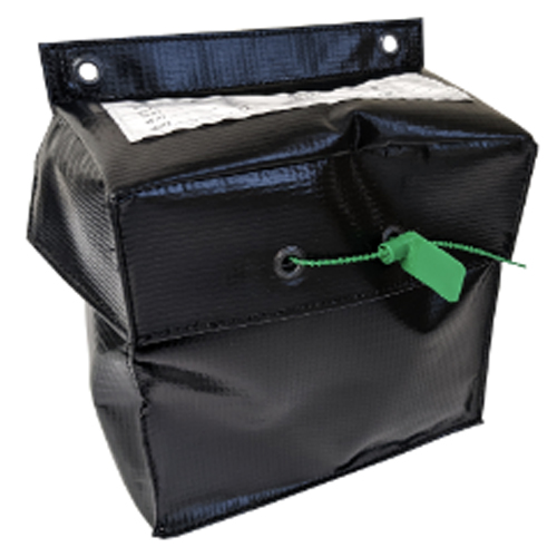 A black bag with a green tag indicating the tamper-free status of a Passenger Restraint Kit, closed and standing upright.