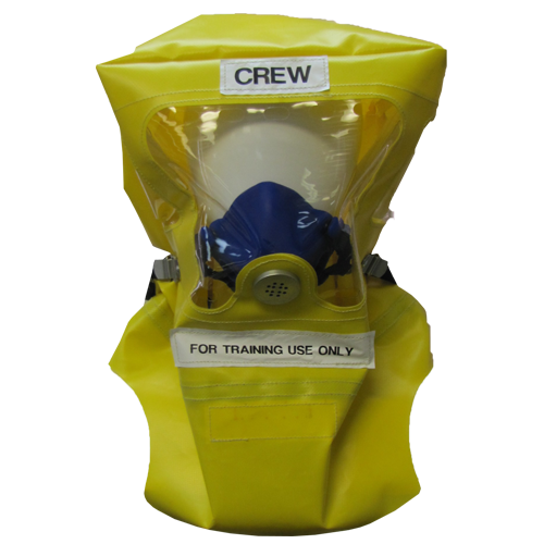 A yellow crew emergency training oxygen mask with a transparent face cover.