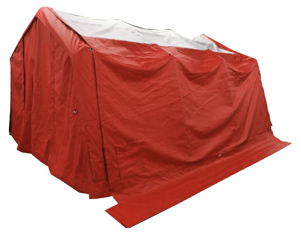 Inflatable shelter covered with a red tarp.